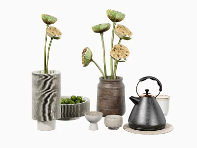 Minimalist Vases With Lotus Pod Flowers And Ceramic Teapot Bowl Set 3d model