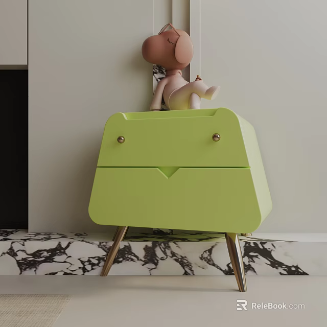 Green Side Table with Drawers Gold Knobs and Metal Legs Featuring Doll on Marble Floor 3d model 