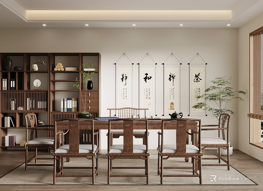 Traditional Tea Room Interior with Calligraphy Scrolls Bookshelves Wooden Tables and Green Plants 3d model 