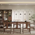 Traditional Tea Room Interior with Calligraphy Scrolls Bookshelves Wooden Tables and Green Plants