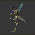 Mechanical Insect Character With Blue Wings Yellow Metallic Body And Sword Standing On Reflective Ground