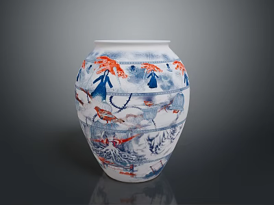 Ceramic Vase Sculpture Carving with Blue Red Birds and Plants Design 3d model