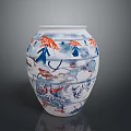 Ceramic Vase Sculpture Carving with Blue Red Birds and Plants Design