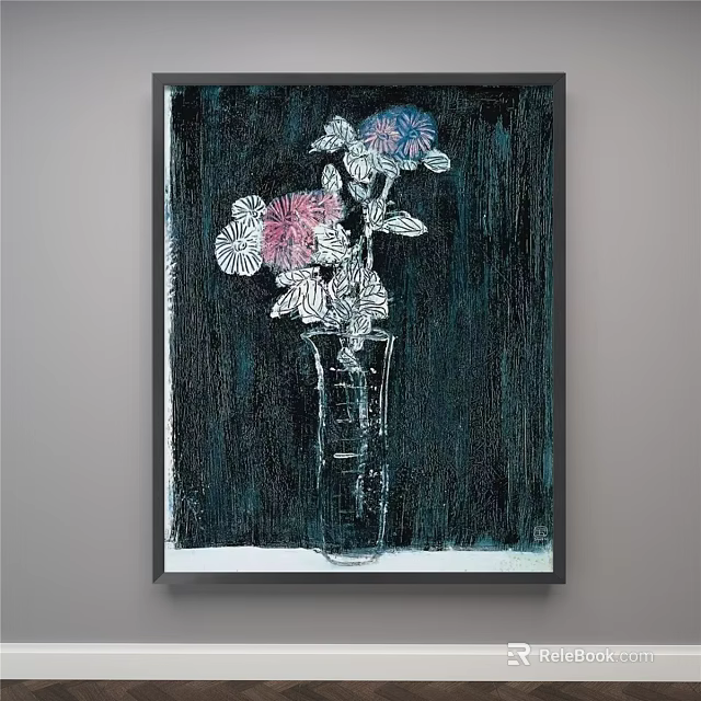 Botanical Painting with Transparent Vase and Pink Blue Flowers on Dark Background 3d model 