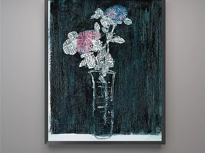 Botanical Painting with Transparent Vase and Pink Blue Flowers on Dark Background 3d model