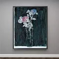 Botanical Painting with Transparent Vase and Pink Blue Flowers on Dark Background