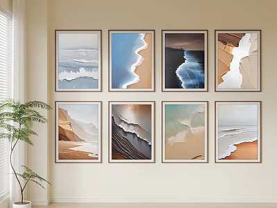 Modern Minimalist Wall Art Decor With Eight Natural Scenery Paintings On Living Room Wall 3d model