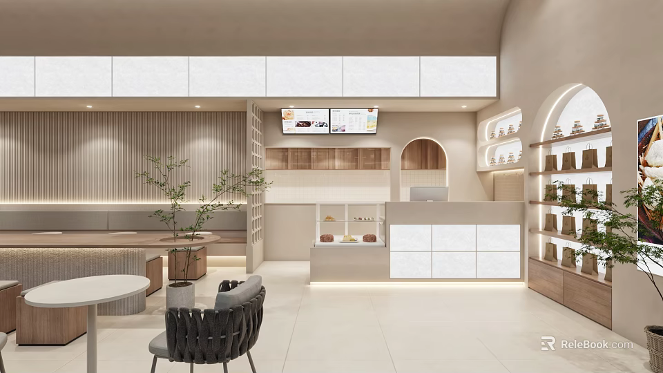 Minimalist Bubble Tea Shop Interior With Seating Plants And Shelves 3d model 