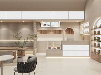 Minimalist Bubble Tea Shop Interior With Seating Plants And Shelves 3d model