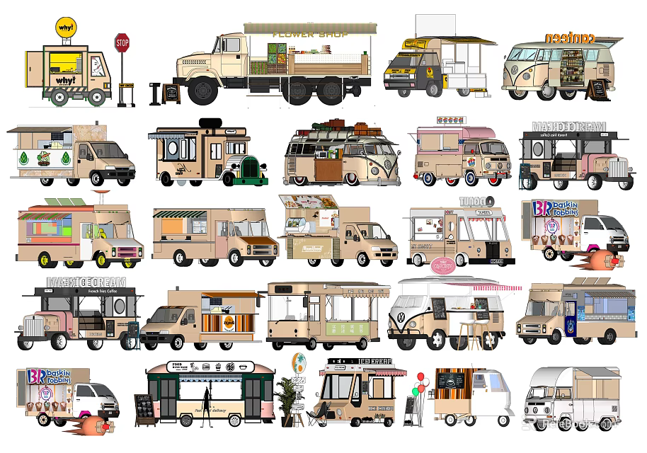 Functional Utility Vehicles With Various Designs For Mobile Food Service 3d model