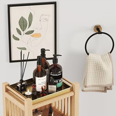 Bathroom Accessories On Wooden Trolley With Towel Ring And Toiletries 3d model