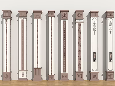 Various Decorative Columns With Ornate Carved Patterns And Color Details 3d model