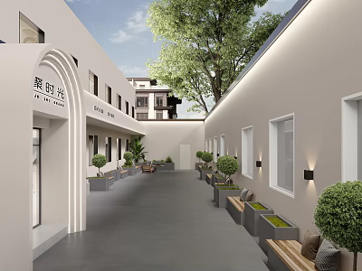 Modern Courtyard Design With White Buildings Arched Doorway Green Plants And Benches 3d model