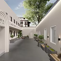 Modern Courtyard Design With White Buildings Arched Doorway Green Plants And Benches