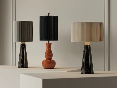Three Stylish Table Lamps With Pleated Shades In Black Gray And Beige And Unique Bases 3d model