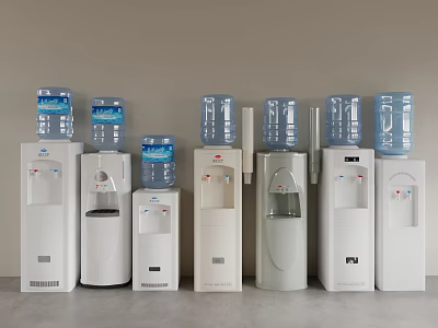 Various Modern Household Water Dispensers With Water Bottles On 3d model