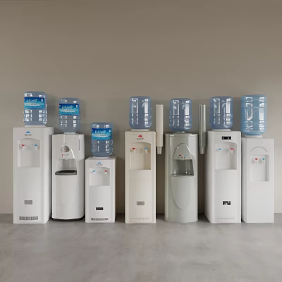 Various Modern Household Water Dispensers With Water Bottles On 3d model