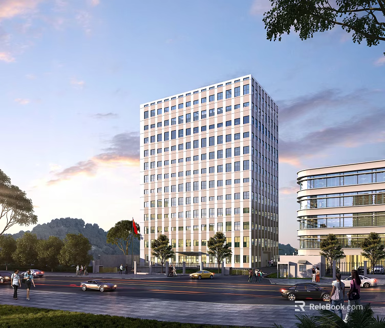 Aerial Planning of Modern High Rise Building with Road Vehicles Pedestrians and Trees 3d model 