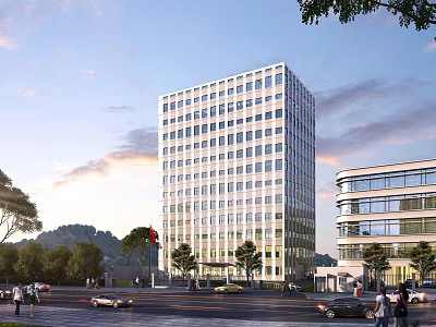Aerial Planning of Modern High Rise Building with Road Vehicles Pedestrians and Trees 3d model
