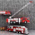 Red Fire Trucks With Ladders And Firefighters On Gray Wall Background 3d model
