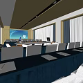 Modern Conference Room With Large Screen Display Arranged Tables And Wooden Ceiling