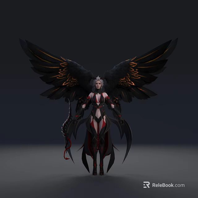 Dark Fantasy Game Movie Character With Black Wings Golden Details White Hair Red Black Outfit 3d model 