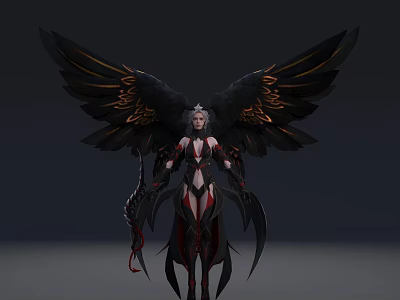 Dark Fantasy Game Movie Character With Black Wings Golden Details White Hair Red Black Outfit 3d model