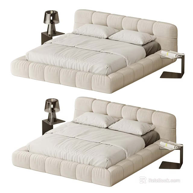 Modern Upholstered Double Bed With Soft Bedding And Side Nightstand Lamps 3d model