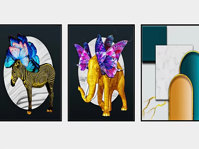 Modern Decorative Wall Art Featuring Zebra Elephant Butterfly And Geometric Patterns 3d model