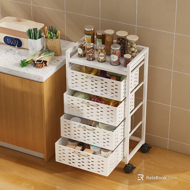 Practical Kitchen Storage Rack With Wheeled Design And Multiple Baskets For Spices And Food Items 3d model