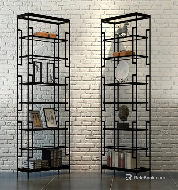 Modern Shower Sauna Space With Black Metal Frame Shelves White Brick Wall And Decorative Items 3d model 