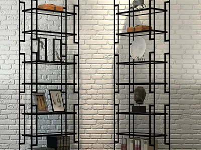 Modern Shower Sauna Space With Black Metal Frame Shelves White Brick Wall And Decorative Items 3d model