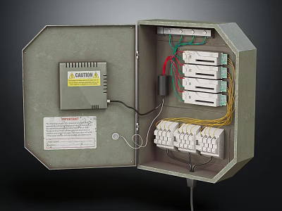Open Electrical Enclosure Showing Internal Wires Terminal Blocks And Caution Label 3d model