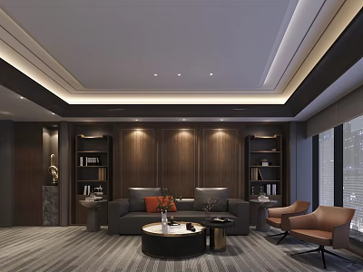Modern Office Interior Design With Wooden Walls Bookshelves Sofa And Armchairs 3d model