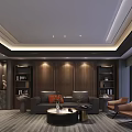 Modern Office Interior Design With Wooden Walls Bookshelves Sofa And Armchairs