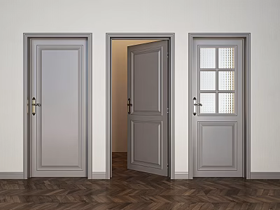 Grey Hinged Doors Interior Design With Open Door And Herringbone Wooden Floor 3d model