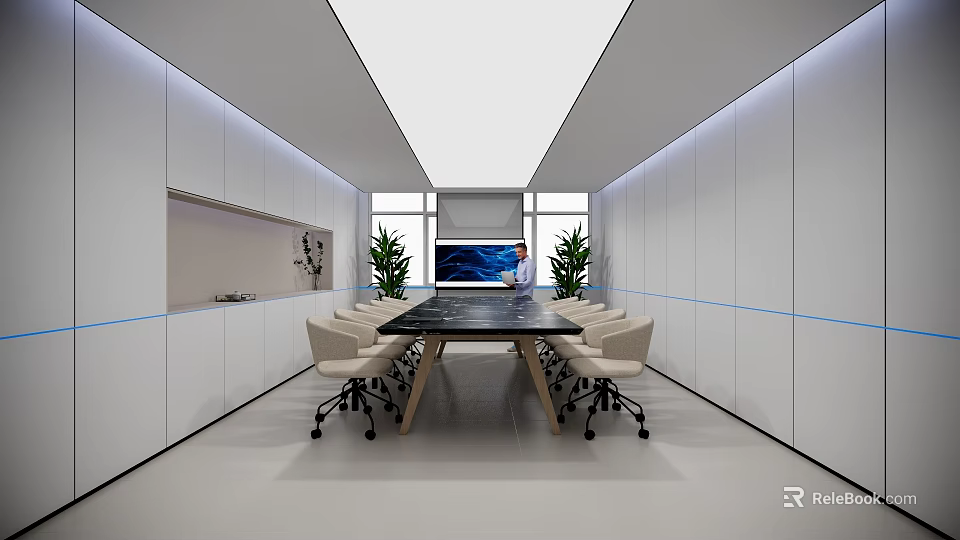 Modern Conference Room Interior With Long Table Comfortable Chairs Display Screen And Green Plants 3d model 