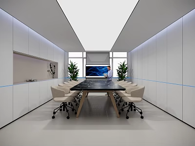 Modern Conference Room Interior With Long Table Comfortable Chairs Display Screen And Green Plants 3d model