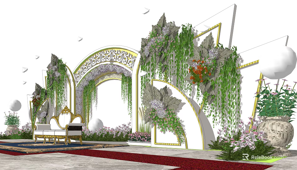 Elegant Sofa Background Wall With Arched Decorations Hanging Green Plants And Flowers 3d model 