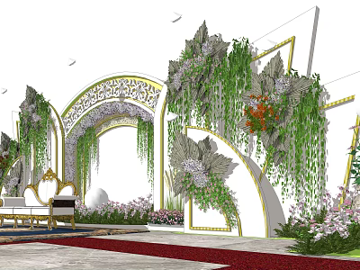 Elegant Sofa Background Wall With Arched Decorations Hanging Green Plants And Flowers 3d model