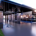 Modern Commercial Complex With Glass Curtain Walls Lawn Trees And Evening Lighting Open Public Space