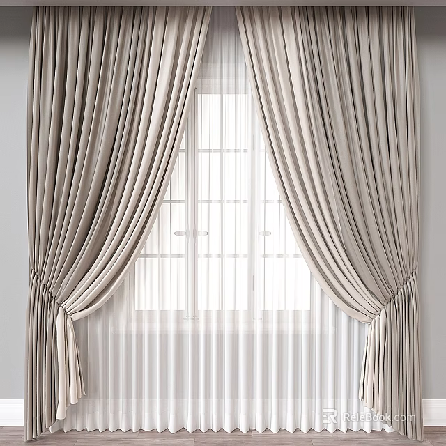Beige Velvet Curtains With Elegant Drapery And White Window Sheer Lining 3d model 