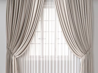 Beige Velvet Curtains With Elegant Drapery And White Window Sheer Lining 3d model