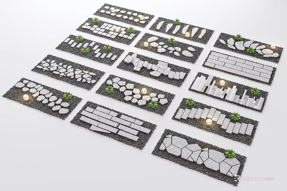 Park Landscape Featuring Various Stone Slab Paving Designs with Plant Accents and Small Lights 3d model 