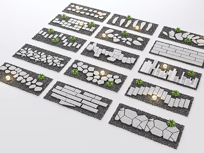 Park Landscape Featuring Various Stone Slab Paving Designs with Plant Accents and Small Lights 3d model