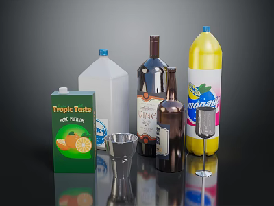 Assorted Wine Bottles and Glassware with Fruit Juice Vinegar Soft Drink and Measuring Cup 3d model