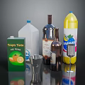 Assorted Wine Bottles and Glassware with Fruit Juice Vinegar Soft Drink and Measuring Cup