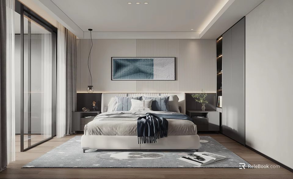 Modern Minimalist Bedroom Interior With Striped Wall Artwork Bedside Tables And Area Rug 3d model 