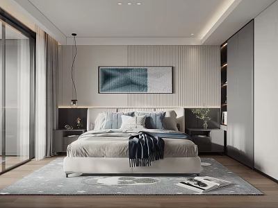 Modern Minimalist Bedroom Interior With Striped Wall Artwork Bedside Tables And Area Rug 3d model