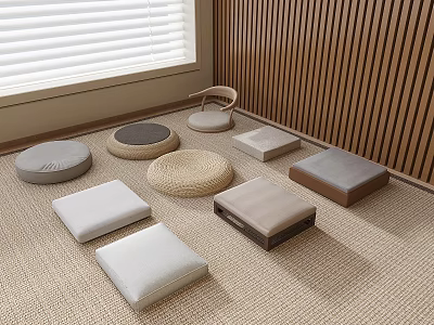 Modern Minimalist Tea Table And Chairs With Various Cushions And Wooden Wall Decor 3d model